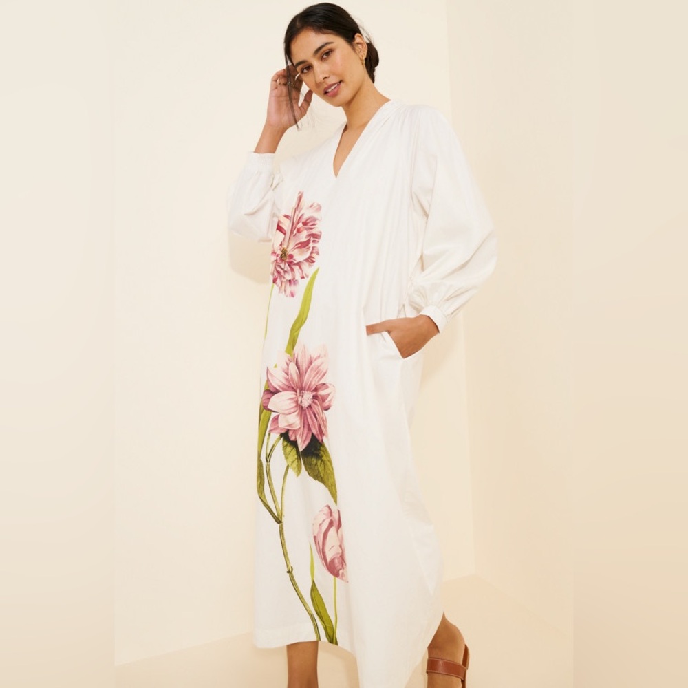 Anthropologie White Long-Sleeve Floral Maxi Dress with Pink Blooms